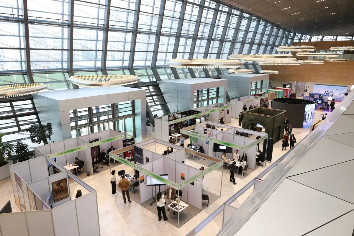 Trade show hall with exhibitor booths